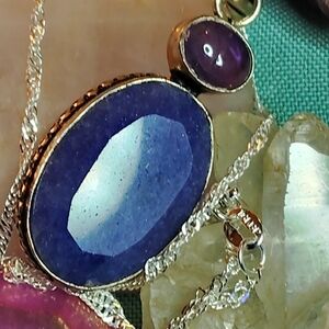 BEVELED EDGE *LAPIS LAZULI* OVAL, WITH ROUND AMETHYST 18"STERLING NECKLACE.